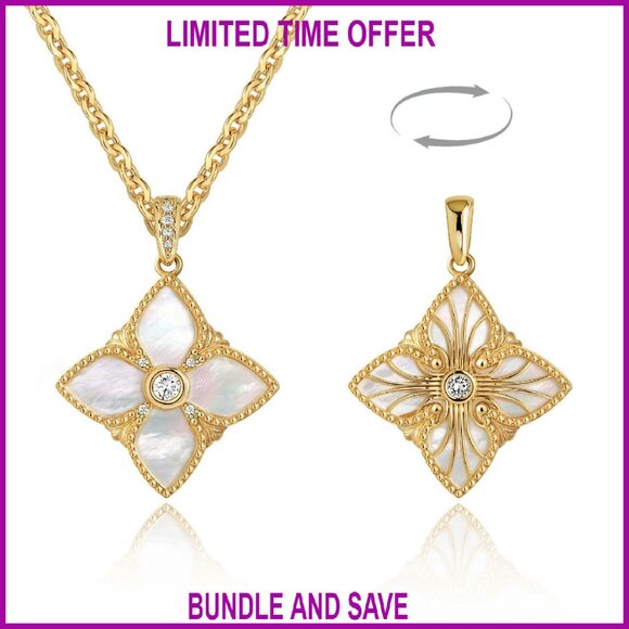 14K Gold Plated Double Sided Clover Pendant Necklace with Mother-of-Pearl